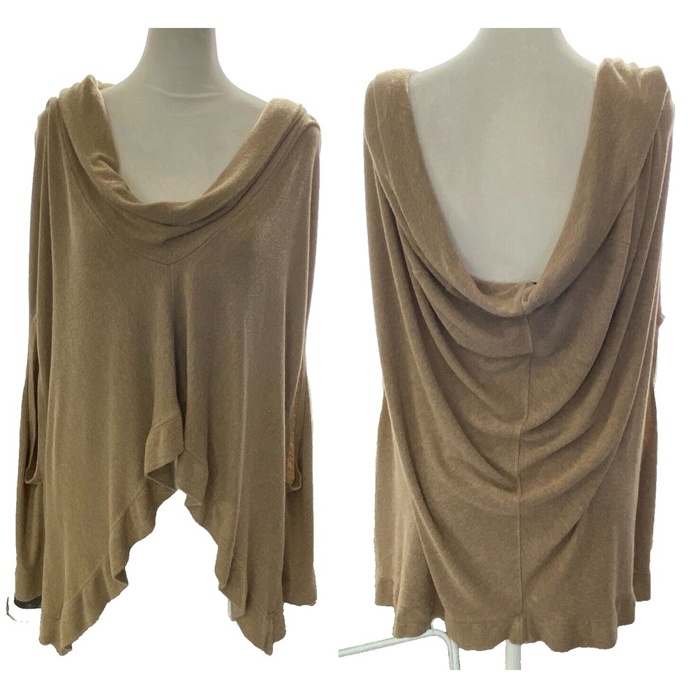 HEATHER Women Cowl Neck Poncho Sweater Asymmetric Hem Sz L Brown Casual 3-46